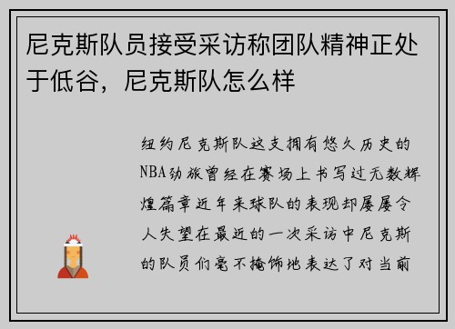 尼克斯队员接受采访称团队精神正处于低谷，尼克斯队怎么样