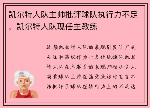 凯尔特人队主帅批评球队执行力不足,凯尔特人队现任主教练
