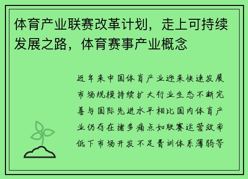 体育产业联赛改革计划,走上可持续发展之路,体育赛事产业概念