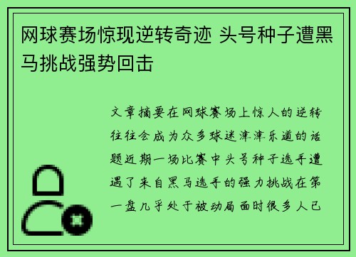 网球赛场惊现逆转奇迹 头号种子遭黑马挑战强势回击